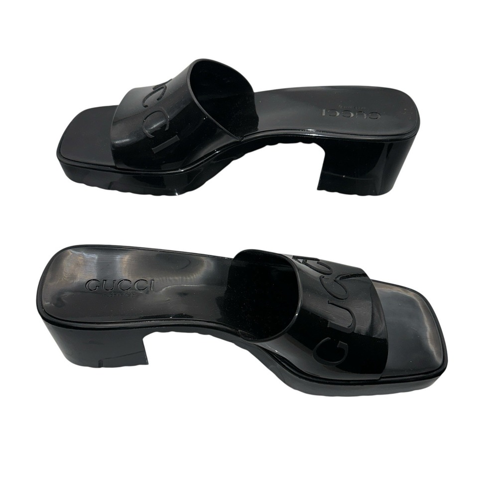 Gucci Black Jelly Slides Heeled Sandals Logo Platform Designer Shoes - Picture 6 of 10